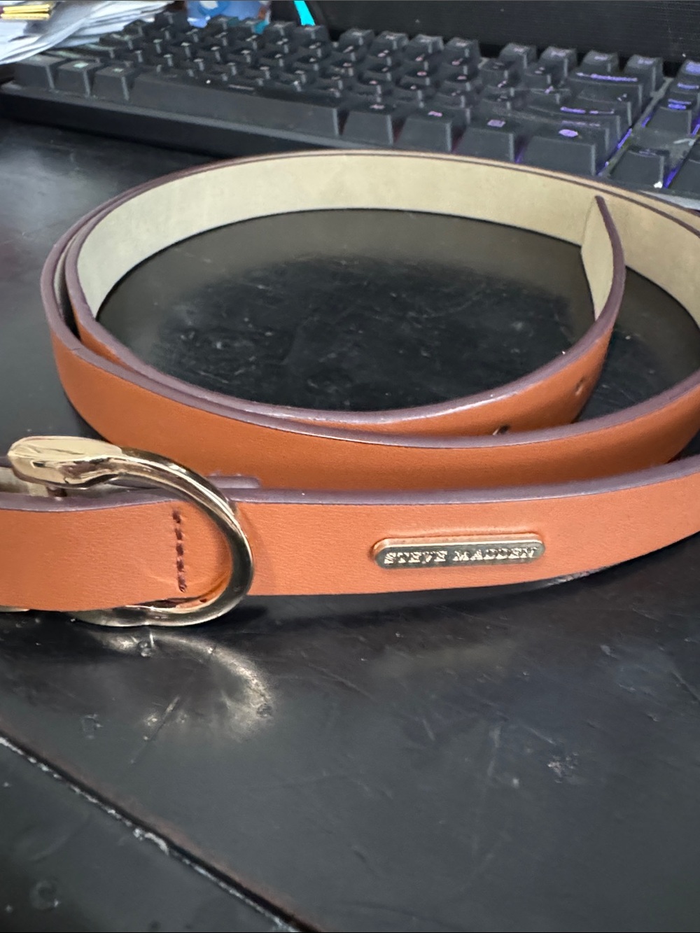Steve Madden Brown Leather Belt with Gold Hardware